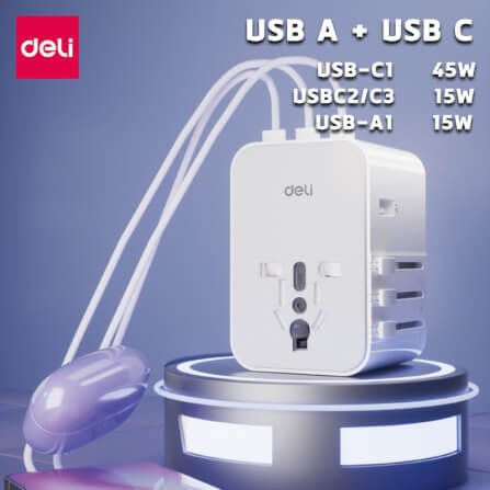 หัวแปลงปลั๊กไฟ DELI ET767-WH-01 สีดำ 2A3C-45W_6